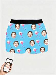 1pc Women's Customized Face & Lollipop Print Pink Hipster Panties, Personalized Soft Casual Underwear - Blue - View 4