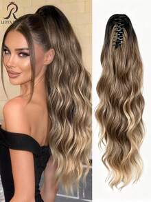 Dark Brown & Black Claw Ponytail Hair Extensions, Light Brown Base Color, 24 Inch Water Wave Heat Resistant Synthetic Fiber Ponytail Wig, Suitable For Women's Daily Use Short Hair Accessory - Multicolor - View 3