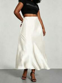 Plus Size Solid Color Satin Elegant Long Skirt For Vacation, Evening Party And Wedding White - White - View 5