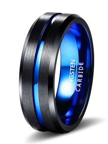 1pc Men's Black Blue Tungsten Ring - 8mm Center Groove With Beveled Edges For Daily Wear And Special Occasions - Black - View 12