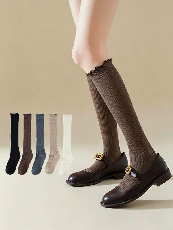 1/5 Pairs Autumn/Winter New Frill Trim Slouch Socks For Women, High Elasticity Comfortable Calf Socks, Japanese Style Lace JK Leg-Flattering Socks