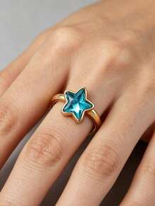 1pc Sky Blue Synthetic Zirconia Engagement Ring, Star-Shaped Promise Ring, Elegant Anniversary Jewelry Gift For Her ﻿ - Ring - View 2