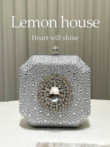 1pc Silver Shiny Rhinestone Premium Buckle Decor Mini Box Clutch Bag, Fashionable Personality Elegant Handbag, Evening Bag, Chain Crossbody Bag, Suitable For Evening Party, Banquet, Wedding, Ball, Gathering, Music Festival, Carnival For Women - Silver - View 2