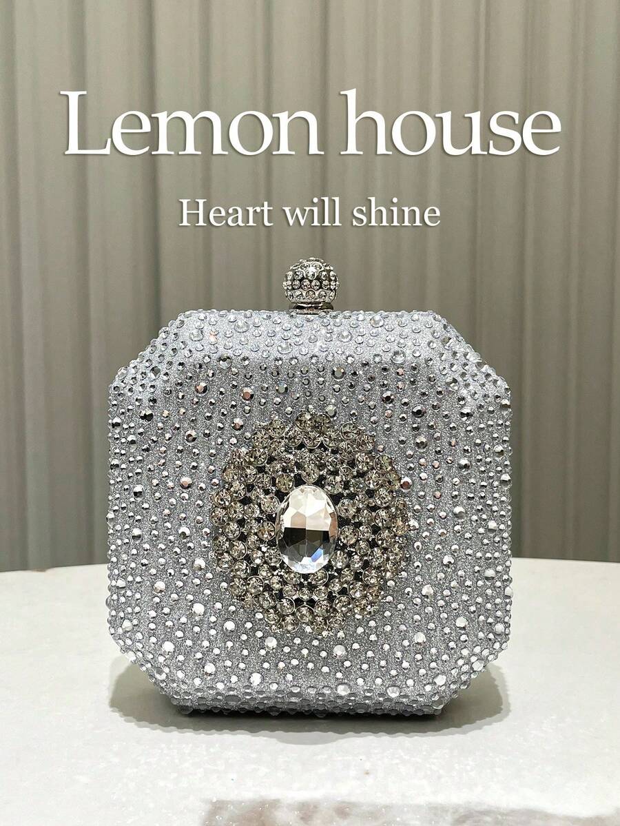 1pc Silver Shiny Rhinestone Premium Buckle Decor Mini Box Clutch Bag, Fashionable Personality Elegant Handbag, Evening Bag, Chain Crossbody Bag, Suitable For Evening Party, Banquet, Wedding, Ball, Gathering, Music Festival, Carnival For Women