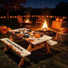 3 Pieces Picnic Tablecloth Set With Bench Cover, Elastic Edge Design, Halloween Pattern, Washable Rectangular Tablecloth, Suitable For Weddings, Camping, Picnics, Garden Parties And More, Practical Essential - E - View 9