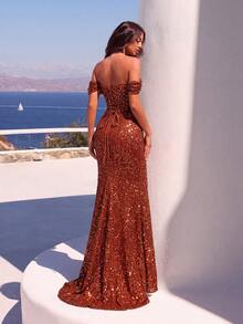 ADYCE Elegant Off Shoulder Long Prom Dress Sheer Fishbone High Waist Slit Backless Tie Up Maxi Formal Bridesmaid Dress Evening Date Night Fall Christmas - Burnt Orange - View 2