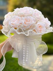 White Pearl Tulip Bridal Bouquet(8.66inch)With Pearl Decoration, Lace Bow Artificial Flower For Wedding Party Prom Gift - Multicolor - View 32