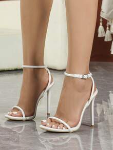Fashion Square Toe Thin Single Strap White Adjustable Ankle Strap Stiletto Heel Sandals Evening Sandals - White - View 3
