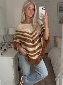 New Bohemian Vintage Loose Fit Sleeveless Horizontal Striped Hem Tassel Design Hollow Texture Breathable Summer Vacation Sweater - Khaki - View 5