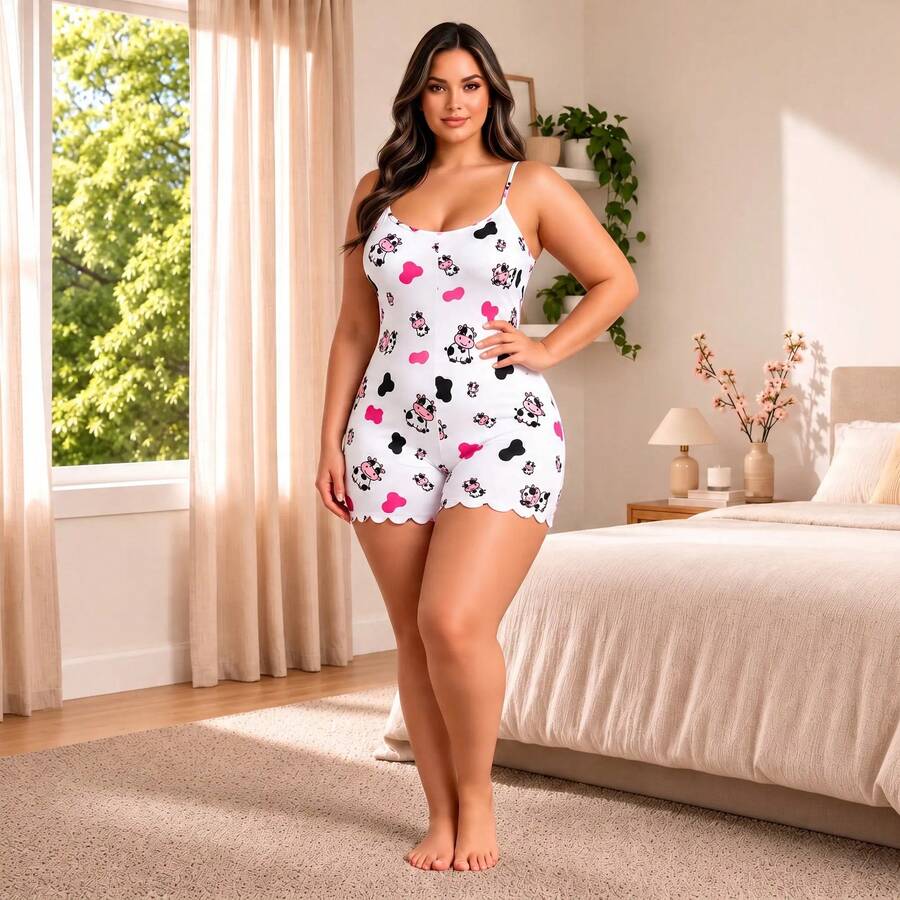 Women's Plus Size Sleeveless Pajamas With Thin Straps And Print - White - View 1