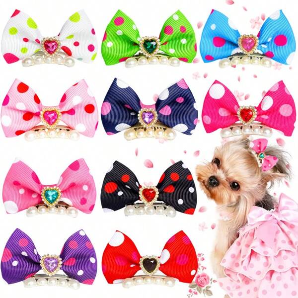 10pcs Pet Polka Dot Rhinestone Hair Clips, Cat & Dog Headwear Shiny Accessories, Daily Party Holiday Gift