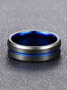 1pc Men's Black Blue Tungsten Ring - 8mm Center Groove With Beveled Edges For Daily Wear And Special Occasions - Black - View 6