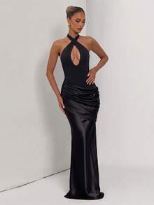 Elegant Sexy Halter Neck Hollow Out Long Party Dress, Ruched Waist Design, Elastic Fabric, Formal Banquet Ball Gown - Black - View 7