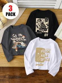 3pcs/Set Tween Boy Long Sleeve Top Crew Neck Loose Fit Space Bear Travel Car Cartoon Letter Print Casual Everyday Spring Autumn Multi-Color - Dark Grey - View 2