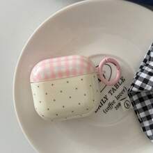 Polka Dot & Pink Plaid With Ring Earphone Case Compatible With AirPods Case 2/3/4/5/Pro/Pro2/Pro3, Shockproof Earphone Case, Gift, Fashion Accessory, Combining Aesthetics And Practicality - Off White - View 2