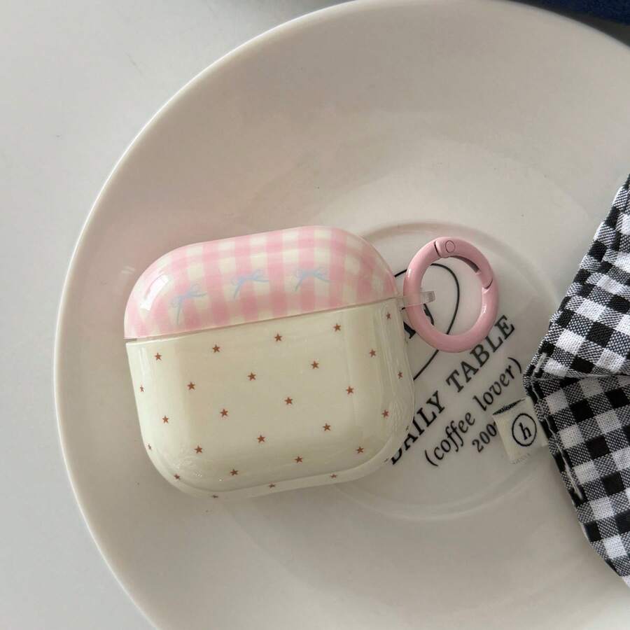 Polka Dot & Pink Plaid With Ring Earphone Case Compatible With AirPods Case 2/3/4/5/Pro/Pro2/Pro3, Shockproof Earphone Case, Gift, Fashion Accessory, Combining Aesthetics And Practicality