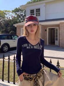 Women's American Vintage Letter Print Long Sleeve T-Shirt, Slim Fit, Flattering, Lazy Style Top - Navy Blue - View 5