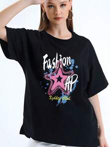 Youthful Summer Women's Crew Neck Top, Bold Fashion AP Star Club Artwork, Breathable Cotton Oversized Loose Casual Short Sleeve Tee - Black - View 2