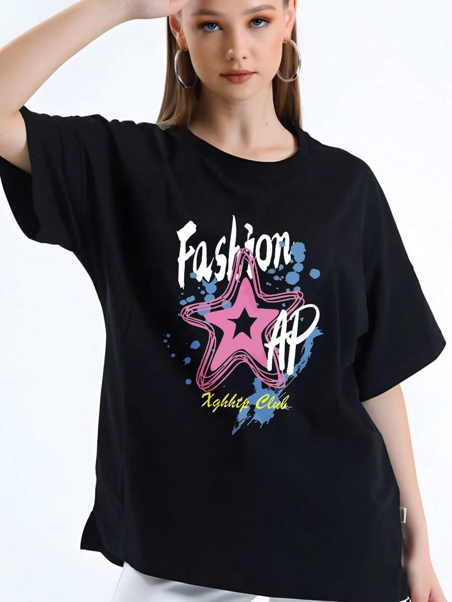 Youthful Summer Women's Crew Neck Top, Bold Fashion AP Star Club Artwork, Breathable Cotton Oversized Loose Casual Short Sleeve Tee