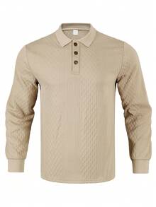 Kolrap Men's Business Casual Polo Collar Sweatshirt, Textured Jacquard Button Placket Loose Long Sleeve Top, Suitable For Daily Commute - Apricot - View 10