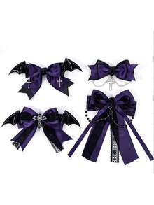 4/8pcs Gothic Style Purple Black Lace Bow Ribbon Hair Clip, Halloween Bat Cross Chain Hair Clip, Holiday Hair Accessory - Multicolor - View 12