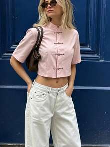 Women's Chinese Tops Solid Color Mandarin Collar Frog Buttons Crop Blouse - Pink - View 4