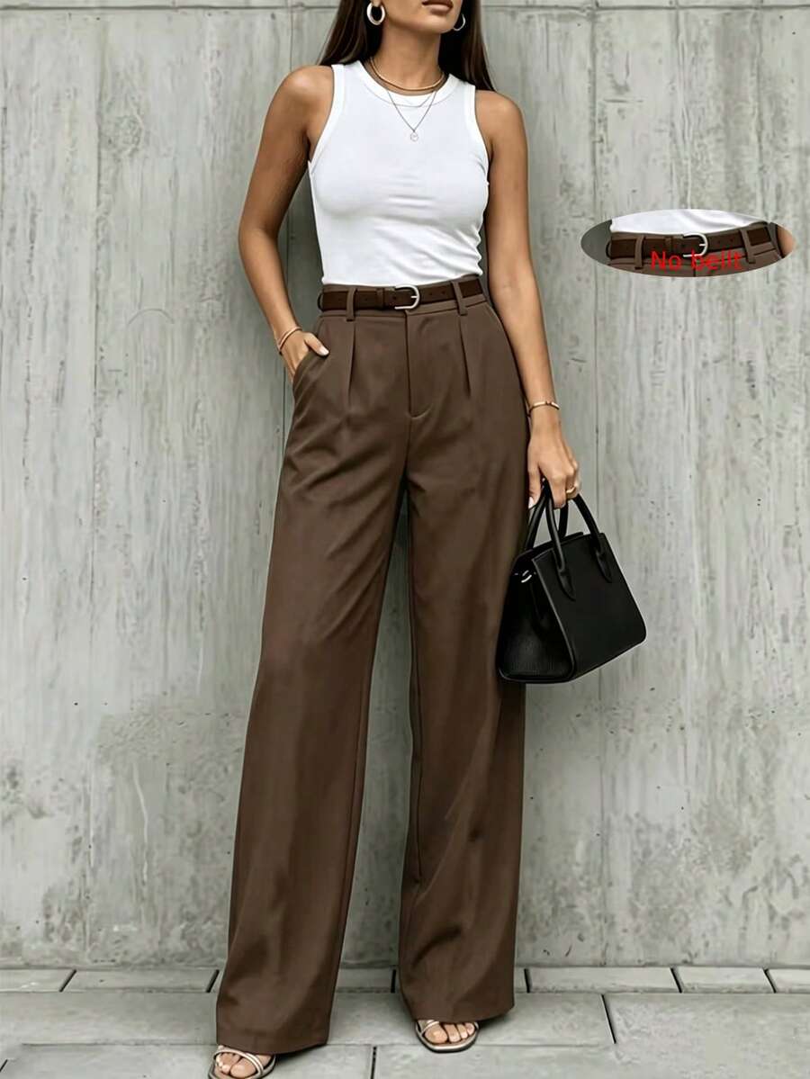Women's High Waist Pleated Casual & Office Pants, Loose Fit Suitable For Work And Casual Wear - Brown - View 1