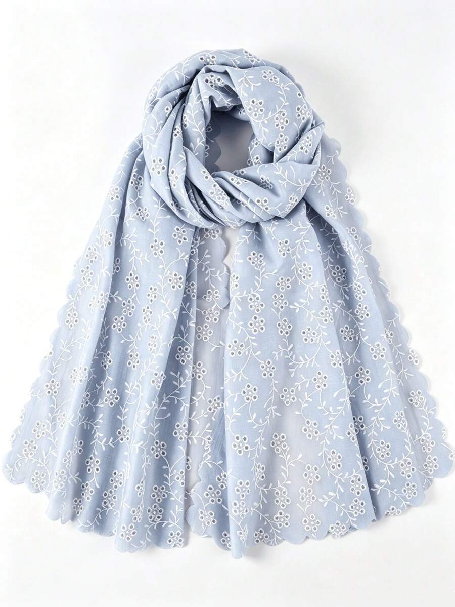 1pc New Imitation Embroidery Long Scarf, Versatile Sun‑Protection Scalloped Shawl Hijab For Women - Multicolor - View 1