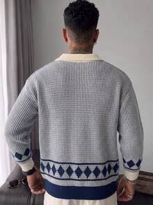 男士复古休闲宽松菱形格纹撞色 Polo 领纽扣开襟毛衣，适合秋冬季节穿着，长袖上衣 - 寶藍色 - 查看 5