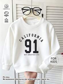 Tween Girl Crewneck Sweatshirt, California 91 Number Letter Printed Cotton Pullover, Soft Breathable Casual Top - White - View 7