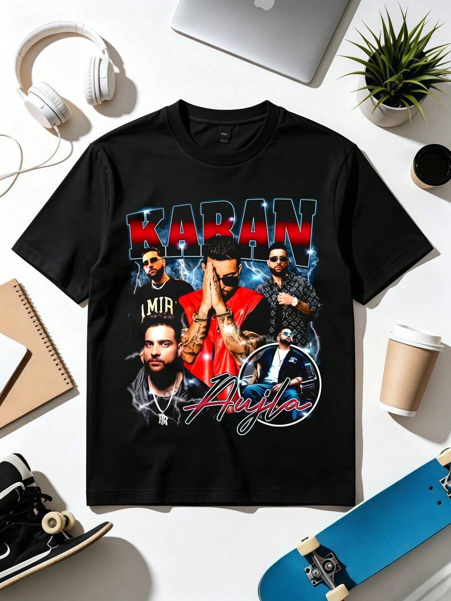 Vintage Karan Aujla Retro 90s Bootleg Graphic Music Fan T‑Shirt - 黑色 - 查看 1