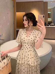 Women's New Elegant Short Sleeve Fashion Polka Dot Multi-Layer Patchwork Design Slimming Luxury Dress Summer - Apricot - View 1