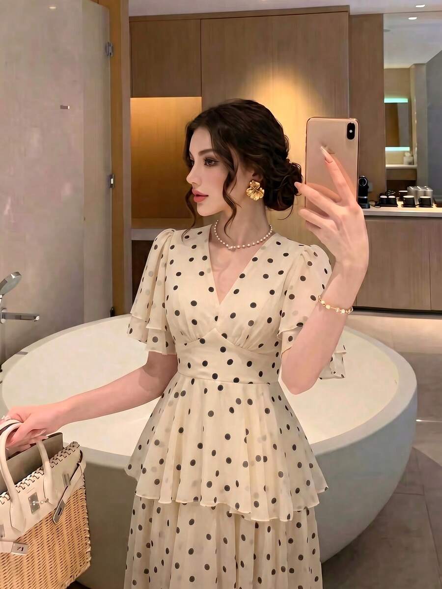 Women's New Elegant Short Sleeve Fashion Polka Dot Multi-Layer Patchwork Design Slimming Luxury Dress Summer - Apricot - View 1