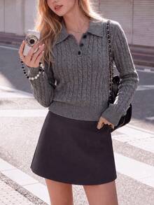 Women's Grey Cable Knit Pullover Polo Shirt, Long Sleeve Cropped Knit Top - Grey - View 5
