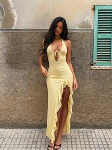 Women's Elegant Halter Neck Backless V-Neck Slit Ruffle Hem Summer Vacation Party Nightclub Maxi Dress Yellow - Yellow - View 1