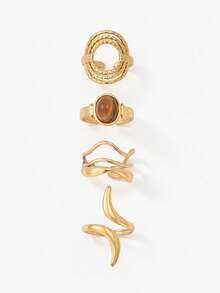 Vandermere 4pcs Fashion Vintage Stainless Steel Gold-Plated Old Money Style Geometric Oval Line Ring Set, Suitable For Women's Daily Wear - Multicolor - View 2