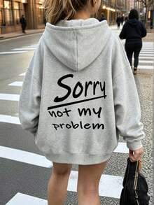 Women's Street Style Hooded Sweatshirt, Relaxed Fit Back Slogan Print Long Sleeve Pullover - Grey - View 8