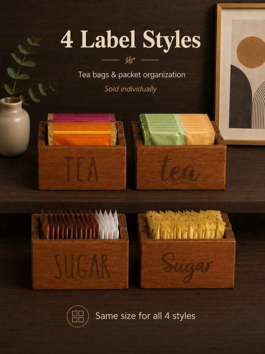 1 قطعة منظم أكياس الشاي وعبوات السكر من الخشب، تصميم فتحة الإبهام للوصول السهل، صندوق تخزين على سطح الطاولة للمطبخ وركن القهوة وغرفة الاستراحة بالمكتب - متعدد الألوان - مشاهدة 1