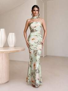 Colysmo Elegant Green Floral Print Backless Fishtail Dress For Women, Suitable For Formal Weddings,Bridesmaids, Evening Parties, And Cocktail Parties. - Green - View 2
