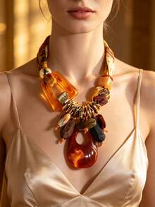 1pc Vintage Fabric & Resin CCB Color Block Pendant Necklace For Women, Suitable For Banquet & Daily Wear - X-1309 - View 2