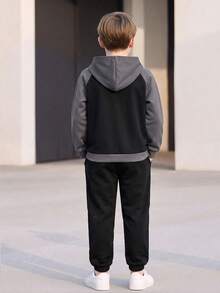 Boys' Autumn/Winter 2 Pieces Set, Colorblock Striped Raglan Hooded Sweatshirt And Cuffed Sweatpants Casual Sports Outfit - Grey - View 4