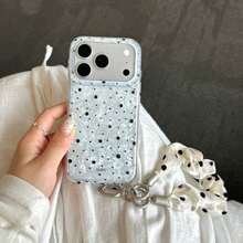 Minimalist Polka Dot Phone Case, Shockproof Design, 1pc Black & White Polka Dot Texture With Polka Dot Wrist Strap, Y2K Korean Sweet Style Design, Suitable For Daily Commute, Compatible With IPhone 17/17 Pro/17 Pro Max/16/15 Pro Max - White - View 1