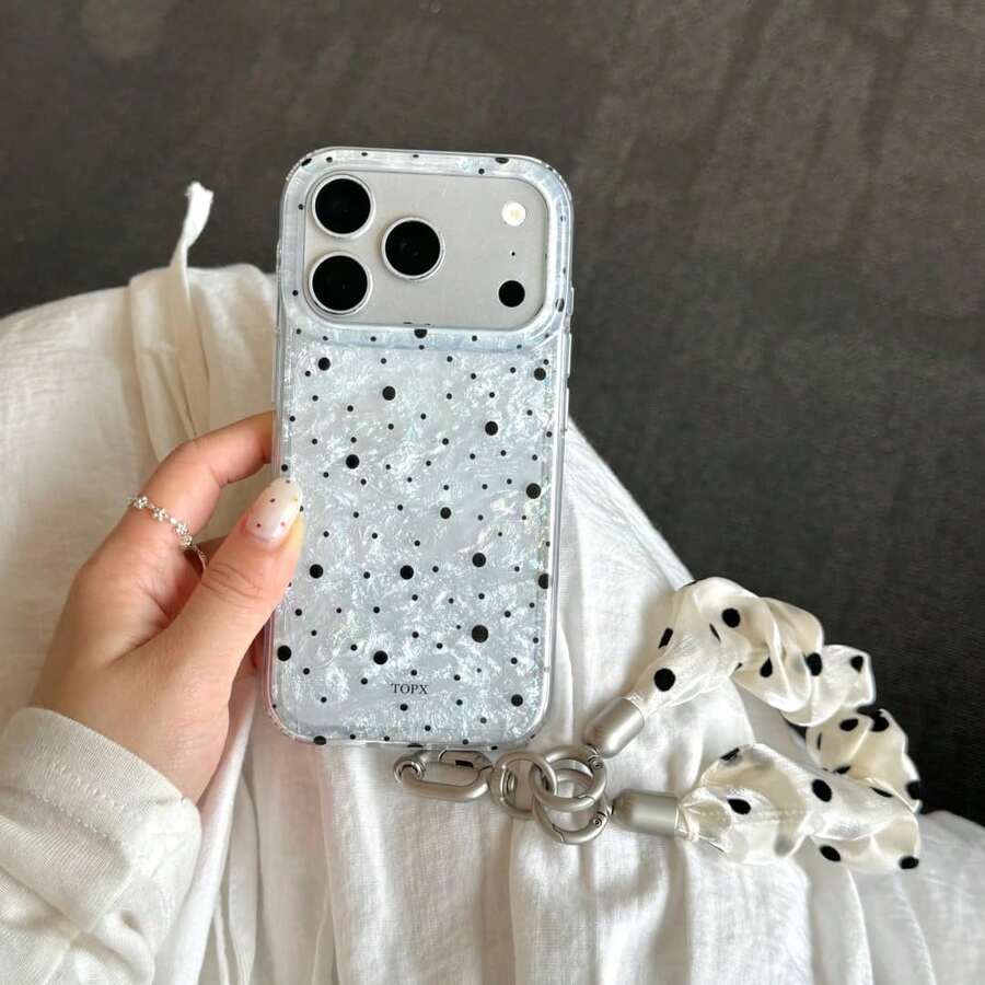 Minimalist Polka Dot Phone Case, Shockproof Design, 1pc Black & White Polka Dot Texture With Polka Dot Wrist Strap, Y2K Korean Sweet Style Design, Suitable For Daily Commute, Compatible With IPhone 17/17 Pro/17 Pro Max/16/15 Pro Max - White - View 1