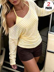 Slouchy 2 Pieces Set Top, Spaghetti Strap Strap + Striped Off-Shoulder Long Sleeve Cover-Up Set Elegant - Light Yellow - View 3