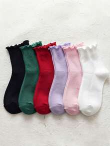 5/10/20 Pairs Random Baby Toddler Girls Frilly Socks, Sweet Solid Color Lettuce Edge Ribbed Crew Socks For Kids Halloween,Christmas Birthday Gifts - Multicolor - View 1