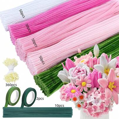 Pink Series Pipe Cleaner Craft Set, Flexible Fuzzy 250pcs Chenille Stems With All Floral Accessories, 360pcs Stamens, 2pcs Floral Tape, 10pcs Flower Stems, DIY Handcraft Aesthetic Flower Bouquet Kit For Birthday Holiday Gift