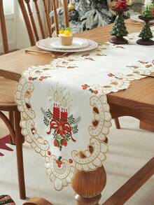 ABEST6522 Home&Living store 1件裝聖誕蠟燭與一品紅刺繡桌旗，鏤空花卉設計，復古聖誕餐桌裝飾，適合晚餐聚會、家庭聚會、居家節日裝飾 - 彩色 - 查看 5