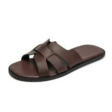 Men's Microfiber Leather Flat Slides Summer Non-Slip Rubber Sole Breathable Beach Sandals - Brown - View 5