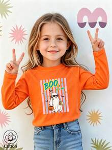 Halloween Girls Cotton Raglan Long Sleeve T-Shirt, Cartoon Ghost Pumpkin Print, Cute Sweet Preppy Style - Orange - View 2