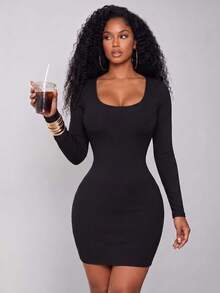1pc All-Season Square Neck Ribbed Long Sleeve Extended Length 2-In-1 Built-In Padded Minimalist Slimming Casual Yoga Sports Outerwear Women's Black - Black - View 5
